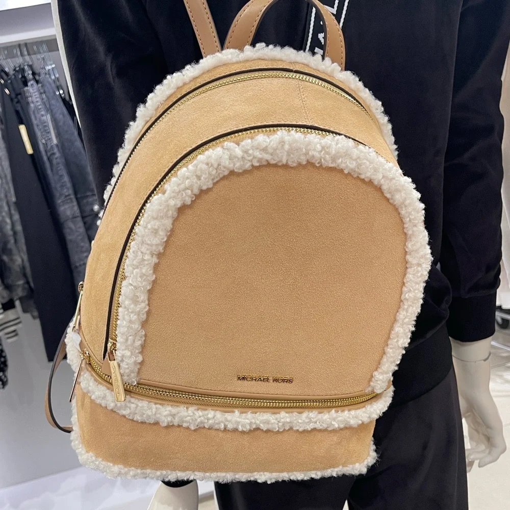 MICHAEL KORS Rhea Medium Suede and Faux Shearling Backpack Peanut NWT